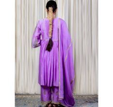 Purple Gathered Kurta Set with Hand Embroidery