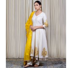 Off White Anarkali Set with Hand Embroidery