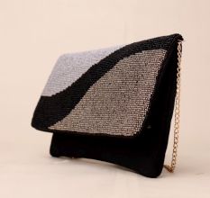 Midnight Rhythm Beaded Clutch with Detachable Chain Strap
