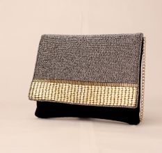 Golden Gleam Beaded Clutch with Elegant Chain Strap