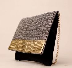 Golden Gleam Beaded Clutch with Elegant Chain Strap