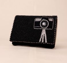 Glamour Lens Beaded Clutch with Camera Motif and Chain Strap