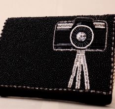 Glamour Lens Beaded Clutch with Camera Motif and Chain Strap