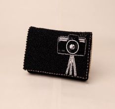 Glamour Lens Beaded Clutch with Camera Motif and Chain Strap