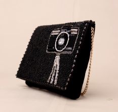 Glamour Lens Beaded Clutch with Camera Motif and Chain Strap