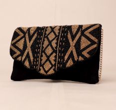 Midnight Muse Beaded Clutch with Scalloped Flap and Chain Strap