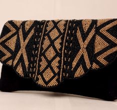 Midnight Muse Beaded Clutch with Scalloped Flap and Chain Strap