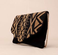 Midnight Muse Beaded Clutch with Scalloped Flap and Chain Strap