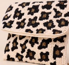 Wild Luxe Hand-Beaded Leopard Print Clutch with Gold Chain Strap