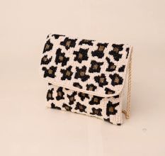 Wild Luxe Hand-Beaded Leopard Print Clutch with Gold Chain Strap