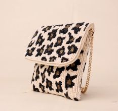 Wild Luxe Hand-Beaded Leopard Print Clutch with Gold Chain Strap