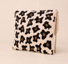 Wild Luxe Hand-Beaded Leopard Print Clutch with Gold Chain Strap