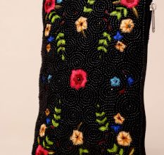 Midnight Bloom Hand-Beaded Floral Clutch with Detachable Chain Strap