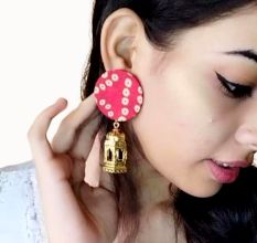 Red Bandhani Print and Golden Long Jhumka Earrings