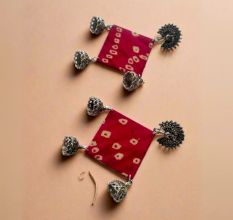 Pink Bandhani Fabric Jhumka Earrings For Women