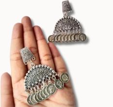 Designer Silver Oxidised Coin Earrings For Women