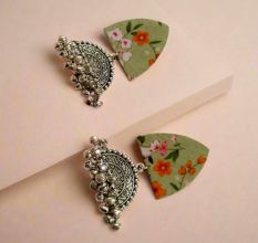 Green Floral Printed Oxidized Earrings