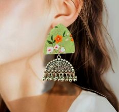 Green Floral Printed Oxidized Earrings