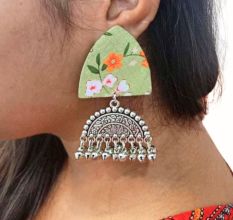 Green Floral Printed Oxidized Earrings