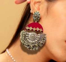 Dark Pink Mirror Oxidized Heavy Jhumka Earrings