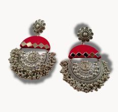 Dark Pink Mirror Oxidized Heavy Jhumka Earrings