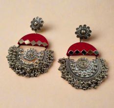 Dark Pink Mirror Oxidized Heavy Jhumka Earrings