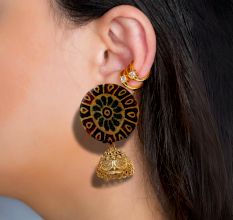Dark Green Printed Earrings With Golden Bottom