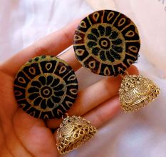 Dark Green Printed Earrings With Golden Bottom