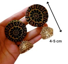 Dark Green Printed Earrings With Golden Bottom