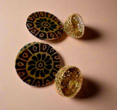 Dark Green Printed Earrings With Golden Bottom
