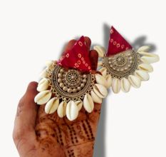 Red Printed Fabric Earrings With Shells