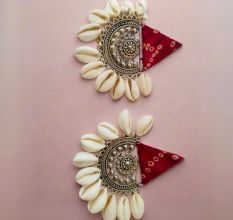Red Printed Fabric Earrings With Shells