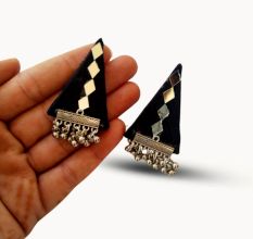 Black And Silver Mirror Triangular Studs Earrings For Women