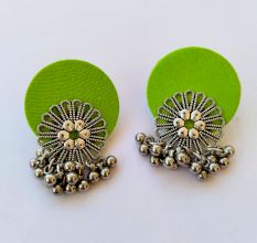 Lime Green Flower Silver Ghungroo Studs Earrings