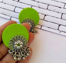Lime Green Flower Silver Ghungroo Studs Earrings