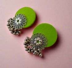 Lime Green Flower Silver Ghungroo Studs Earrings