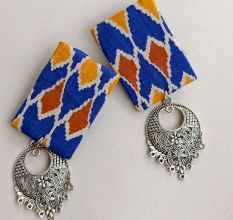Blue Printed Rectangular Fabric Earrings