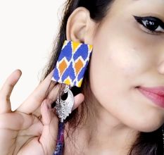 Blue Printed Rectangular Fabric Earrings