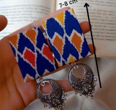 Blue Printed Rectangular Fabric Earrings