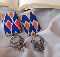 Blue Printed Rectangular Fabric Earrings