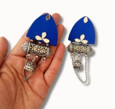 Blue Mirror Kundan Oxidized Jhumka With Chain