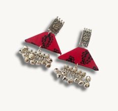 Red Printed Swan And Silver Ghungroo Earrings