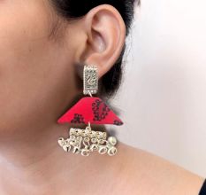 Red Printed Swan And Silver Ghungroo Earrings