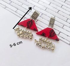 Red Printed Swan And Silver Ghungroo Earrings