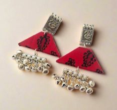 Red Printed Swan And Silver Ghungroo Earrings