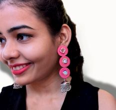 Three Drops Pink Mirror Fabric Long Earrings