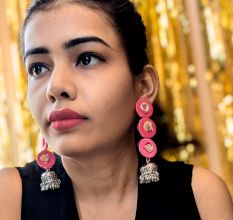Three Drops Pink Mirror Fabric Long Earrings
