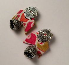 Pink Floral Printed Fabric Elephant Charm Oxidised Jhumka