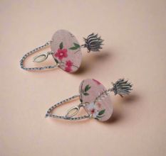 Lotus Floral Printed With Silver Chain Earrings For Women