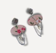 Lotus Floral Printed With Silver Chain Earrings For Women